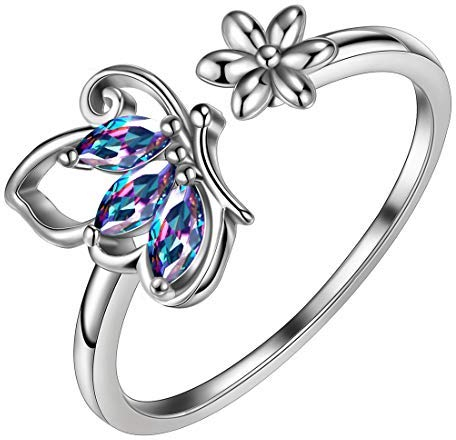 Aurora Tears Mystischer Regenbogentopas Schmetterling Ring 925 Sterling Silber Öffnung verstellbare Ringe Zirkonia für Frauen und Mädchen DR0074M