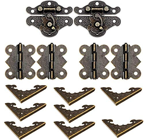 YUE QIN 2 Sets Antike Dekorative Haspe, Retro Haspen Riegel, dekorativer Holzschmuck, Vintage Scharnier mit 4 Stück Butterfly Scharniere und 8 Stück dekorative Box-Ecken