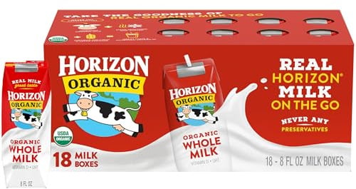Horizon Organic Shelf Stable Whole Milk Boxes, Pack of 18 - 8g Protein per Serving