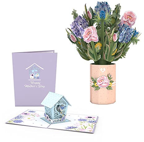 Lovepop® Hyazinthen-Bundle 3D-Pop-Up-Karte – Muttertags-Grußkarte mit Einsteckfach und Umschlag, handgemachte Pop-Up-Muttertagskarte mit Vogelhaus & Blumenstrauß, 3D-Klappkarte für Mama zum Muttertag
