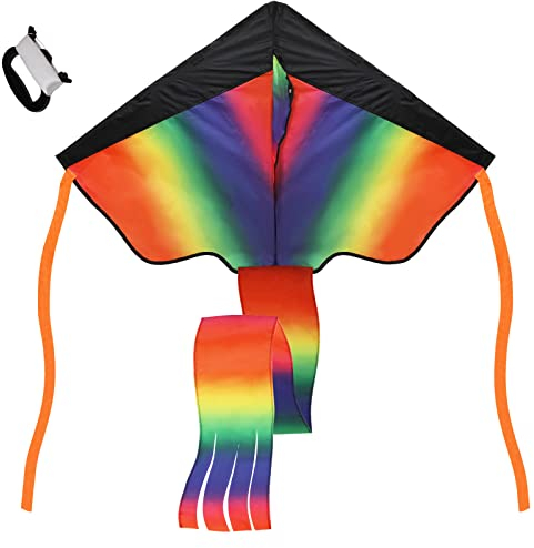 Riesiger Regenbogen Leichtwinddrache für Kinder und Erwachsene, 43.3×26.8inch Bunt Delta Drachenset, Leichtwind Flugdrachen Einleiner Flugdrachen Freien Beach Drachen Lenkdrachen mit Drachenschnur