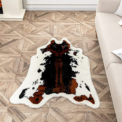 Teppich aus Rindsleder, Kuh-Druck, Premium-Kunststoff, Tierhaut, dreifarbig, Dekor, Teppich, rutschfest, klein, für Schlafzimmer, Wohnzimmer, Büro, Küche, 100 x 84 cm