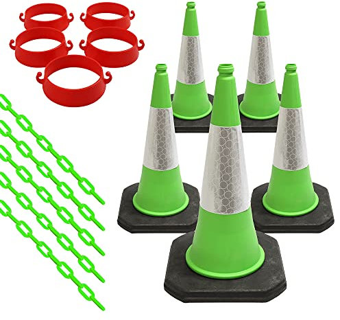 Set of 5 Traffic Cones, Plastic Security Cone Chain Barrier and Links - For Road and Driveway Safety - Use for No Parking or Entry - Red, White and Reflective Design (Green)