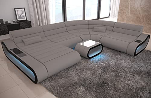 Sofa Dreams XXL Wohnlandschaft Concept - mit LED Beleuchtung, Ottomane/Mikrofaser/Ausrichtung wählbar (Ottomane Links, Schwarz-Hellgrau)