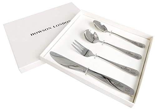 Personalised Cutlery Set for Children Christening Gift for Boy Girls Knife Fork Spoon 4pcs Stainless Steel for Kids Toddler Cutlery Set Gifts in Gift Box Engraved Monkey Lion Giraffe Image 03