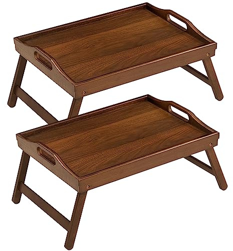 2 Pack Bed Tray Table Breakfast Trays Serving Tray Bamboo Bed Laptap with Floding Legs Handles and Phone Holders