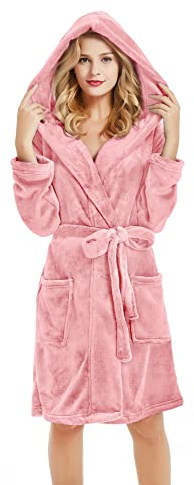 U2SKIIN Damen Kapuze‑Bademantel kurz flauschig Plüsch weich warm | Fleece Bademantel, Weich, Langarm, Kurz‑Schnitt, mit kapuze, Gürtel, Flauschig, Warm, bequeme Plüsch Mogenmantel