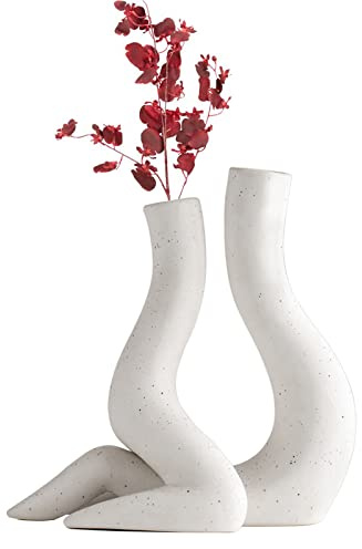Kingbar Keramik Vase 2er Set Weiss, Vase Weiß Matt Für Pampasgras, Boho Vase Deko Für Wohnzimmer, Küche, Hochzeit Oder Als Geschenk, Minimalistisches Geschenk, B