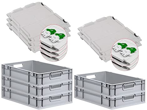 PROREGAL SuperSparSet 5x Eurobox NextGen Grip mit Scharnierdeckel und grünen Schiebeschnappverschlüssen, HxBxT 12x40x60cm, 23 L, Grau, Griffe offen, Eurobehälter, Transportbox