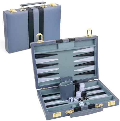 TOPTAN Backgammon Set 2 players Classic Backgammon Sets for Board Game with Premium Leather Case Portable and Travel Backgammon Set (Grey, 11inch)