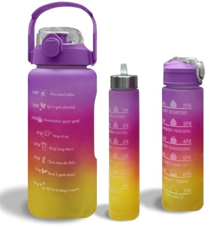 LITTLELAGOON Water Bottle 3 Pc Set with Straw 2L 300ml 900ml | Leak Proof BPA Free Motivational Drinking Bottles with Time Marker | Perfect for Sports School Office Gym Yoga Cycling for Kids Adults