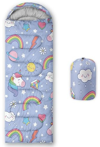 HOSIMA Kinder-Schlafsack für Jungen und Mädchen, Regenbogen-Einhorn-Druck, leicht, warm, tragbar, für drinnen und draußen, wasserdicht, kältebeständig, Schlafsack für Camping, Wandern (Einhorn)