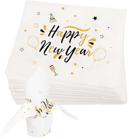 YOLOUP 40 Stück Happy New Year Servietten 2025 Silvester Servietten 33x33cm Neujahr Papierservietten Schwarz Gold Neujahrsservietten Tischdeko für Silvester Neujahr Party Dekoration