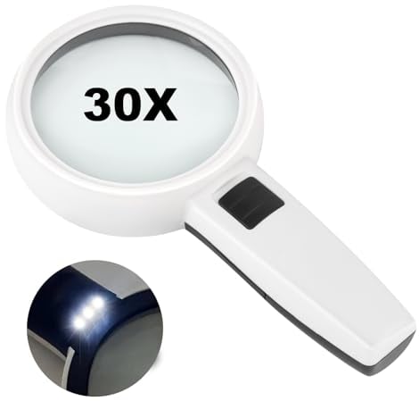 Lupe mit Licht, KEWUZY Handlupe LED Beleuchtete Leselupe mit 30X, Licht Leselupe mit Klarheit Doppelglaslinse,für Senioren, Kinder, Lesen, Inspektion, Schmuck, Hobby