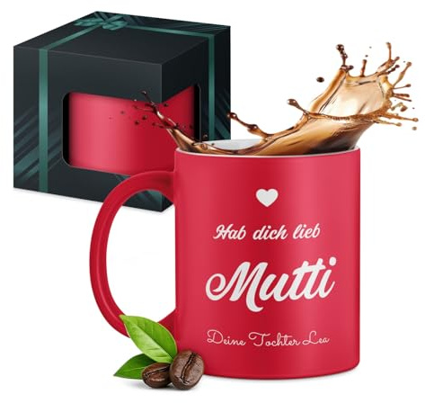 Maverton Keramikbecher 330ml mit Gravur - Kaffeetasse mit funktionellem Henkel - personalisierter Kaffeebecher für Frauen zum Geburtstag - Becher zu Weihnachten - matt rot/innen weiß - Mutti