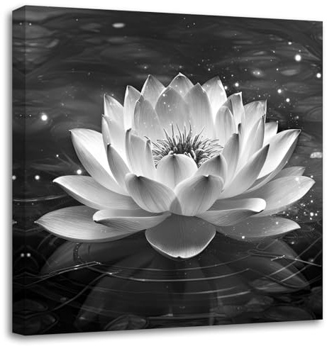 LZIMU Schwarz Weiß Zen Leinwandbilder Blüten Lotus Bild Seerose Drucke spirituelle Kunstwerke für Badezimmer Meditation Yoga Spa Raumdekoration(Bild-2, (40.00 x 40.00 cms))
