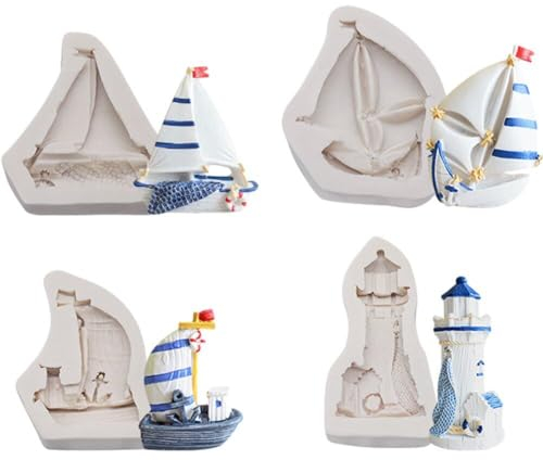 Lipfer Ozean Segelschiff Fondantform, 4 Stcs Segelboot Leuchtturm Kuchen Silikonform Für DIY -süßigkeiten, Schokolade, Zuckerhandwerk, Kekse, Ton, Harz