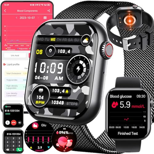 Fohatu 𝐆𝐥𝐮𝐜𝐨𝐬𝐚𝐞𝐧𝐬𝐚𝐧𝐠𝐫𝐞 Reloj Inteligente Llamada Bluetooth Reloj Fitness Spo2 Frecuencia Cardiaca Ácido Úrico Lípidos En Sangre Monitor,130+ Deporte, Smartwatch para Android iOS,Black2