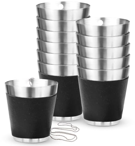 MEYAGOT Edelstahl Schnapsglas zum Umhängen, 12 Stück 30ml Schnapsgläser zum Umhängen, Schwarze Schnapsgläser mit Henkel, mit Kette, Mini Schwarze Edelstahl Party Schnapsgläser Set für Hochzeitsfeiern