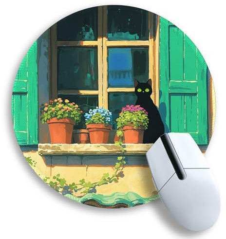 Gctriki Tapis de souris rond mignon en forme de chat noir, pour ordinateur portable, jeux vidéo, bords cousus et base en caoutchouc antidérapant, accessoires décoratifs pour femme