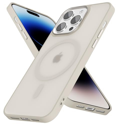oakxco Magnetic Case for iPhone 14 Pro Phone Case Compatible with Magsafe, Slim Thin Clear Hard Shell Plastic & Silicone Rubber Bumper, Transparent Cute Mag Safe Cover for Women Girls, Beige Titanium