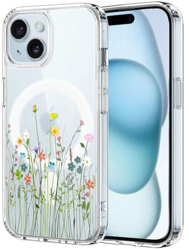 Unov Hülle Kompatibel mit iPhone 15 Hülle klar Transparent Kompatibel mit Magsafe Geprägtes das Muster Stoßdämpfung Stoßfängerschutz Stoßfest rutschfest Schlanke Schutzhülle (Blumen Blumenstrauß)