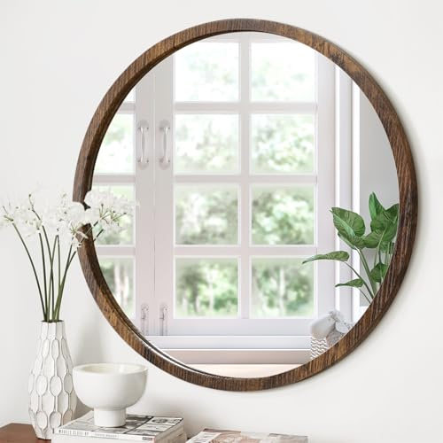 JJUUYOU Round Wall Mirror 16 Hanging Circle Mirror Round Mirrors for The Bathroom Wooden Farmhouse Frame Mirrors for Bedroom Living Room or Entryway Wall Decorative