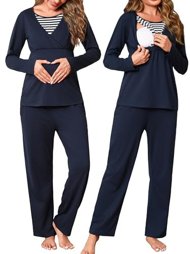 Pyjama d'allaitement pour Maternité pour Hôpital Coton Hiver Ensemble de Pyjama Maternité à Manche Longue Hiver Grande Taille Vêtement de Nuit 2 pièces S-XXL