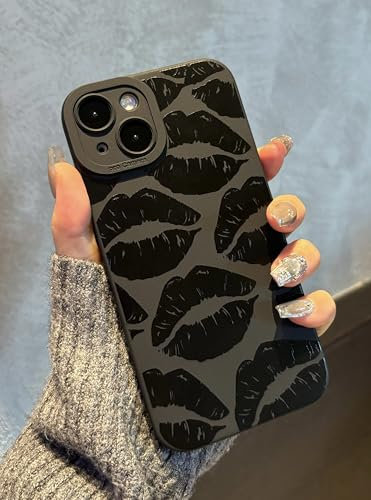 Jusnfu for iPhone 13 mini Case 5.4 Inch 2021, Aesthetic Lips Kisses Print Phone Case for Women Girls Men, Slim Silicone Protective Phone Cover for iPhone 13 mini, Black Lips Kisses