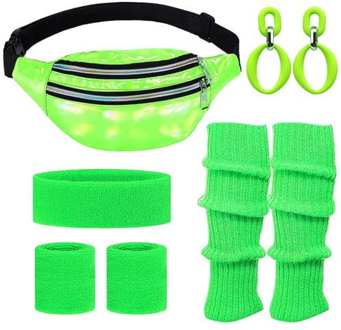 NebulaGlam 80er Jahre Damen Set mit Bauchtasche, Neon 90er Outfit, Stirnband, Beinwärmer, Ohrringe, Handschuhe für Kostüm Party Fasching Karneval
