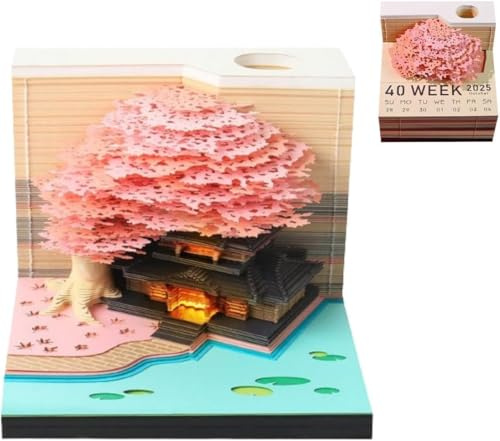 Bloc-notes 3D, calendrier 3D, à déchirer, calendrier 2025, calendrier de table, avec lumière, sculpture en papier, ornement de bureau (arbre rose avec lumière)