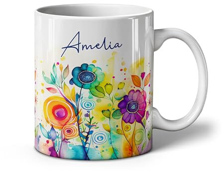 Personalised Abstract Floral Mug - 11oz Ceramic Cup. 3. Colourful Flowers. 7 Designs to Choose from. Add Any Name