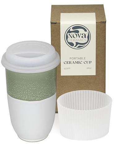 NOVA CERAMICS Travel Mug On The Go Coffee Tumbler Microwave & Dishwasher Safe Green Tumbler - Gifts for Women Men Him Her 475ml Sage