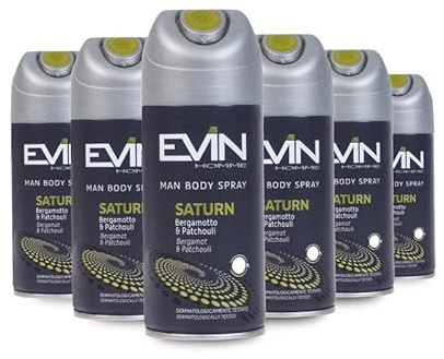 EVIN HOMME - Deodorante Uomo Spray Saturn, 6x150ml | Fragranza Bergamotto e Patchouli, Formula Attiva per 24h
