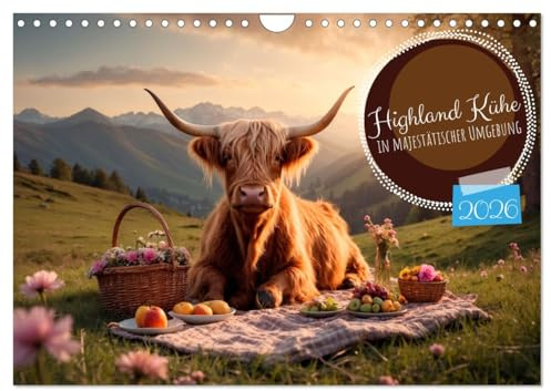 Highland Kühe (Wandkalender 2026 DIN A4 quer), CALVENDO Monatskalender: Highland Kühe in verschiedenen Landschaften und anmutigen Sonnenuntergängen (CALVENDO Tiere)