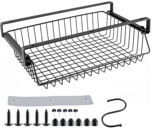 FUNSUEI No-Drill Under Desk Storage Basket, Black Slide-Out Self Adhesive Drawer, Metal Storage Basket for Office, Home, 37× 23.5 ×11 cm