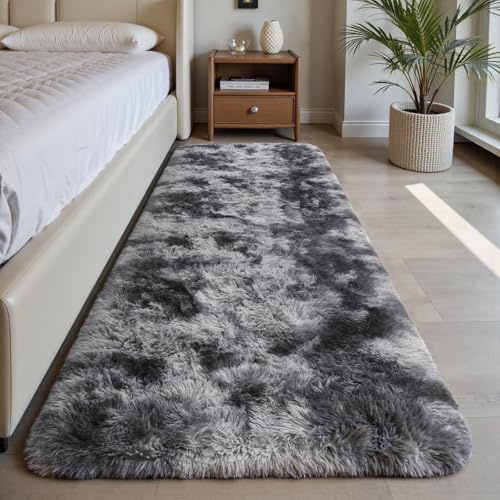 Treeboy Flauschiger Wohnzimmerteppiche Teppich 80 x 300 cm Grau Läufer | Rutschfest Schlafzimmer Teppich Waschbar Flauschiger Wohnzimmerteppiche Zottelige Weiche Teppiche für Kinder Flur Wohnzimmer