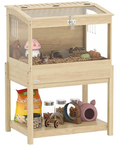 PawHut Cage à Hamster en Bois avec Plateau de Rangement, Cage à Souris surélevée avec Couvercle ouvrable, fenêtre en Acrylique et Trous de Ventilation, 83,2 x 50 x 103 cm, Effet Bois Naturel