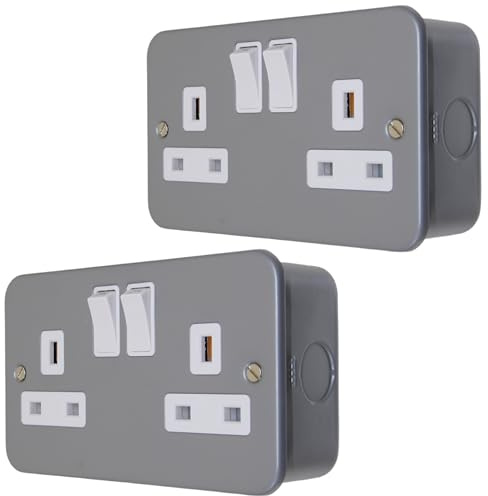 Metal Clad Double Pole Socket 2 Gang 13A Switched with Back Box - Heavy Duty For Garage, Shed, Workshop (2 x Sockets)