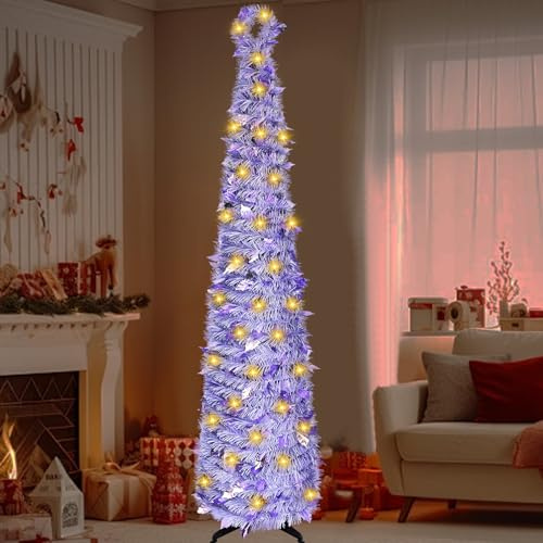 BigKing Árbol de Navidad artificial de 150 cm con soporte y cadena de luces, plegable, decoración de lentejuelas, perfecto para fiestas, salón u oficina (fantasía morada)