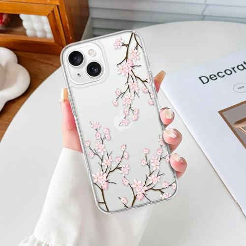 xoniery Compatible for iPhone 15 Case Cute Clear Flower Floral Slim Soft TPU Shockproof Protective Aesthetic Transparent Anti-scratch Anti-yellowing Cover for Women Girl, Pink