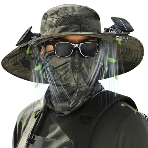 Sonnenschutz Hut mit Ventilato, Mütze mit Ventilator, Fischerhut mit Breiter Krempe, Wide Brim Solar Fan Outdoor Fishing Hat USB Charging, UV Sonnenschutz, für Männer