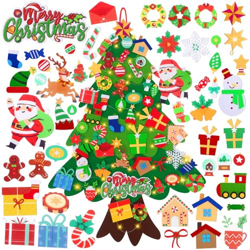 HarnyLoom Albero di Natale in Feltro per Bambini, 3.5 Ft DIY Bambini Con 50 Staccabili Ornamenti Albero di Natale Velcro Montessori Pannolenci da Muro Party Decorazioni Da Parete Per Porte (50 pezzi)