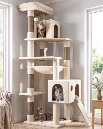 Globlazer F70 Pro Kratzbaum Groß Beige 180cm mit hängematte für 2-4 Katze | XXL Stabil Katzenbaum mit 2 Katzenhaus, Gepolsterte Plattformen, Kratzrampe Sisal, für Große Katzen Ausruhen Spielen