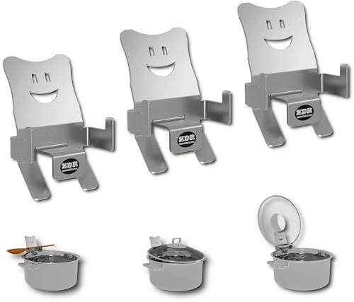KDR Deckelhalter Edelstahl für Topf & Pfanne 3er Set – Topfdeckelhalter platzsparend mit Smiley-Design – Überkochschutz & Ablage für Kochlöffel – Spülmaschinenfestes Küchenzubehör hygienisch