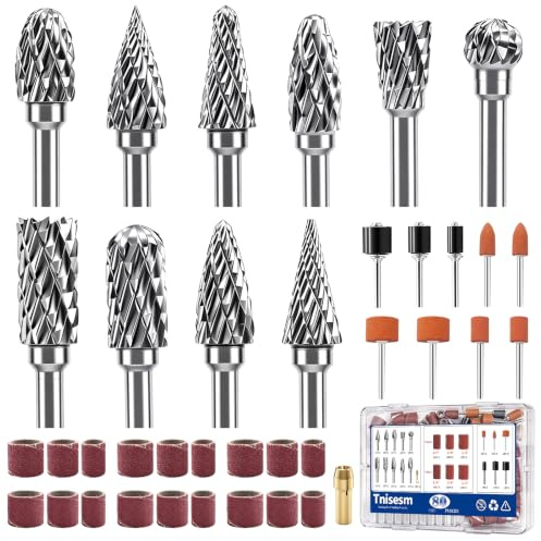 Tnisesm 80Pcs Carbide Rotary Burr Set for Dremel, Includes 10 Carbide Double Cut Carving Burr Bits 60 Aluminum Oxide Drum Sander Sanding Sleeves,6 Sanding Bits,Sanding Bits Tool Accessories