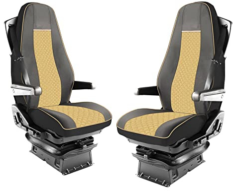 PRO GROUP DE Satz Sitzbezüge Für LKW Volvo FH4 FH5 Öko-Leder 1+1 LKW Sitzauflagen Schonbezüge Beige mit Schwarz Set (Fahrer- + Beifahrersitz) 4-teilig