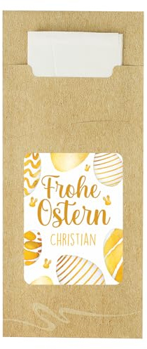 Herz & Heim® Bestecktüte zu Ostern personalisiert mit Name – Tischdeko zum Osterfest – 8,5 x 20 cm Bestecktasche aus Kraftpapier mit Serviette (Ostereier)