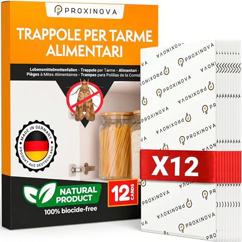 Proxinova Antitarme Alimentari con 12 Trappole Adesive per Farfalline Dispensa -Trappole Feromoni Farfalline per Monitoraggio Cucina E Cibo Senza Biocidi, 100% Naturale - Made in Germany