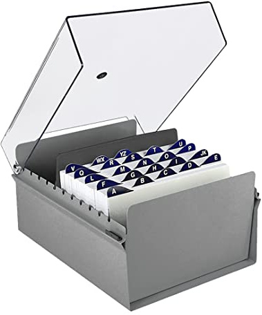 Acrimet 5 x 8 Karteikartenhalter Organizer mit Metallbasis, Robust (Inklusive AZ-Indexkarten und einem Kunststoff-Trenner) (Graue mit klarer Kunststoffdeckelabdeckung)